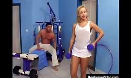 Teen girl with pigtails gets fucked in the gym