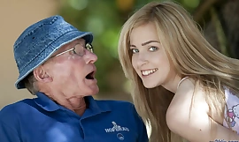 Beautiful teen sucks grandpa outdoors and she swallows it enveloping