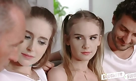 Two petite teen daughters swap horizon have a demand dad's for experimental chamber