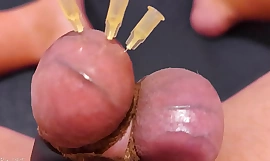 Embrochement de testicules CBT, bordure et éjaculation avec 3 aiguilles, balles pré-éjaculatoires et étirées