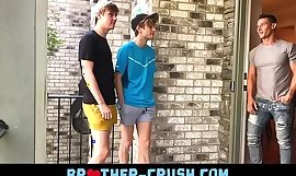 Hot brothers fuck their horny older neighbour in gay threesome