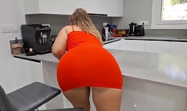 Big-assed white girl with big hips gets caught by her husband's friend while she was cleaning! She refused to fuck him, but the man got her!